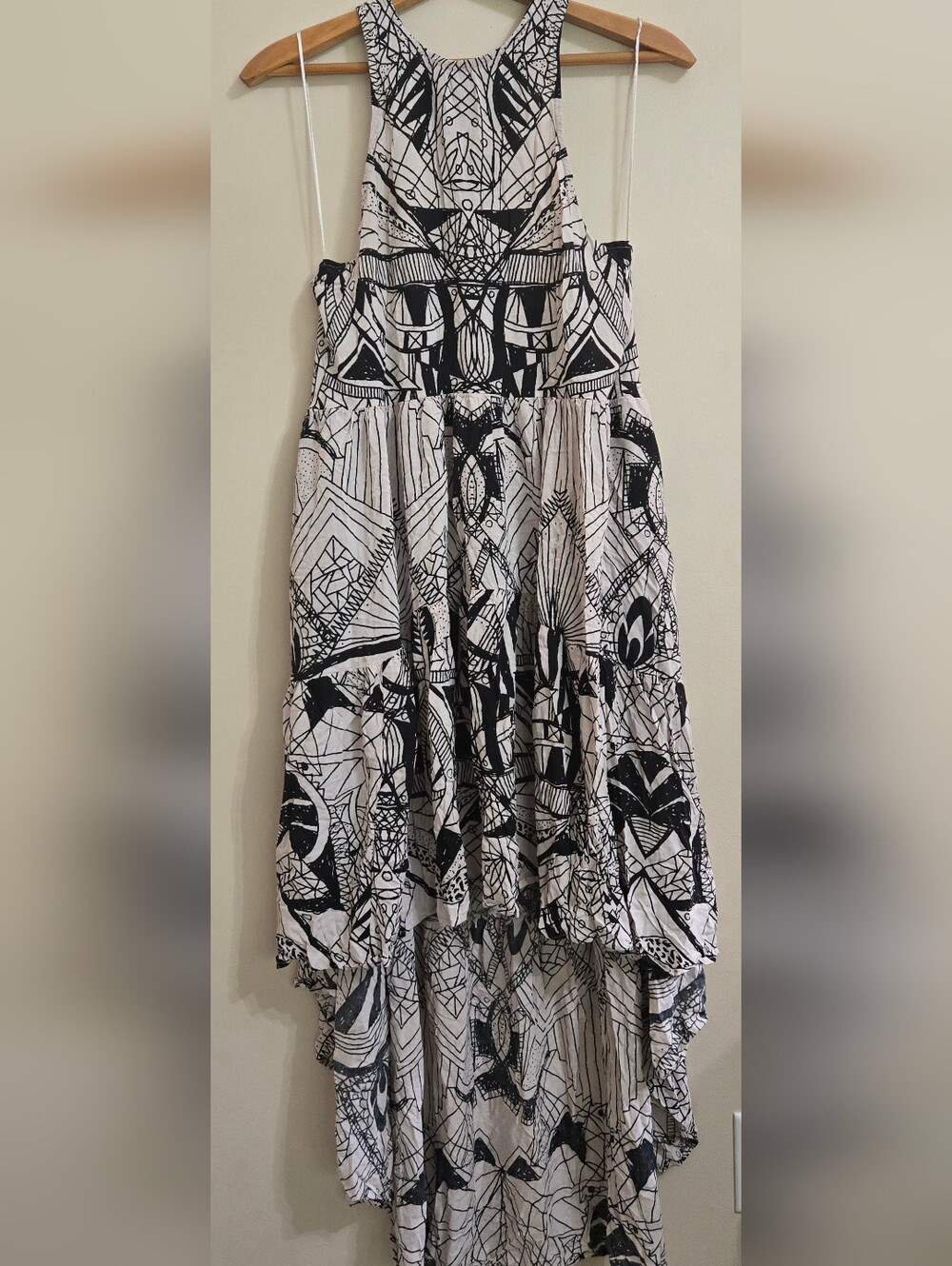 Free People La Mar Dress Women's XS Black White Geometric High Low Boho EUC